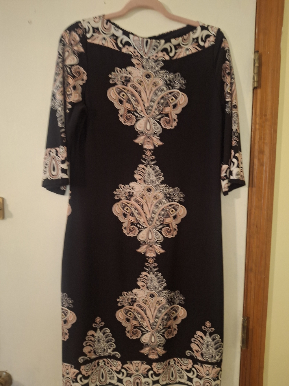 Dressbarn Black Dress with Prominent Pink And Tan Paisley Cream Medallion Print